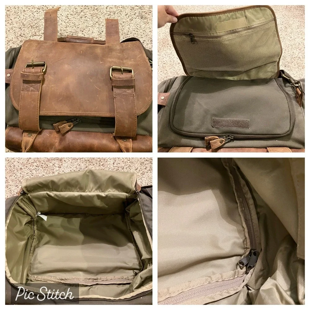 VTG Bob Timberlake Green Canvas Brown Leather Duffel Bag 22
